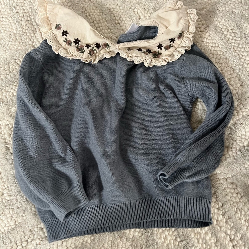 Zara blue Sweater with Embroidered Lace Collar